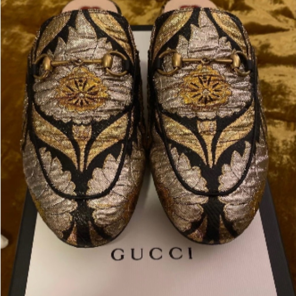 Gucci Princeton Loafer Mule Horsebit Buckle Metallic Gold Embroidered Size 38.5